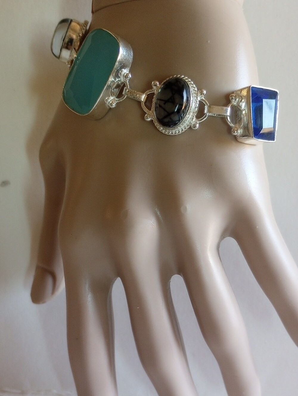 Sterling Silver Gemstone Linked Bracelet 7.5" Long Adjastable Elegant 925